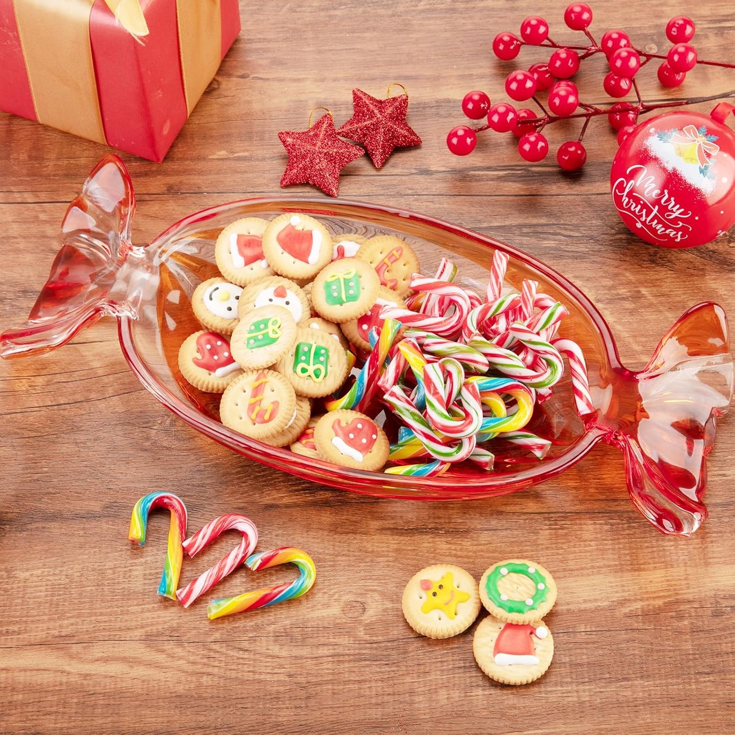 SHOWLOUE Christmas Platter Dish, Glass Candy Platter Serving Dessert Plates Christmas Dinnerware Tray Decorative Plates for Xmas Holiday Party Favor, Orange, Large