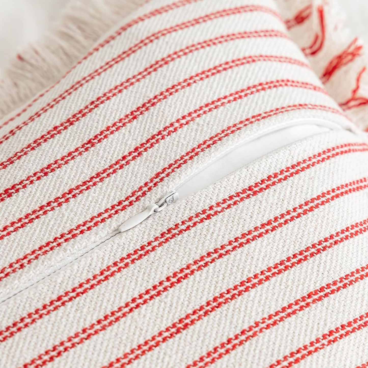 Throw Pillow Covers 18x18 Set of 2 Striped Fringe Pillow Cover Farmhouse Cushion Covers with Tassel Neutral Boho Pillows Decorative Square Pillowcase for Couch Sofa Bed, Red