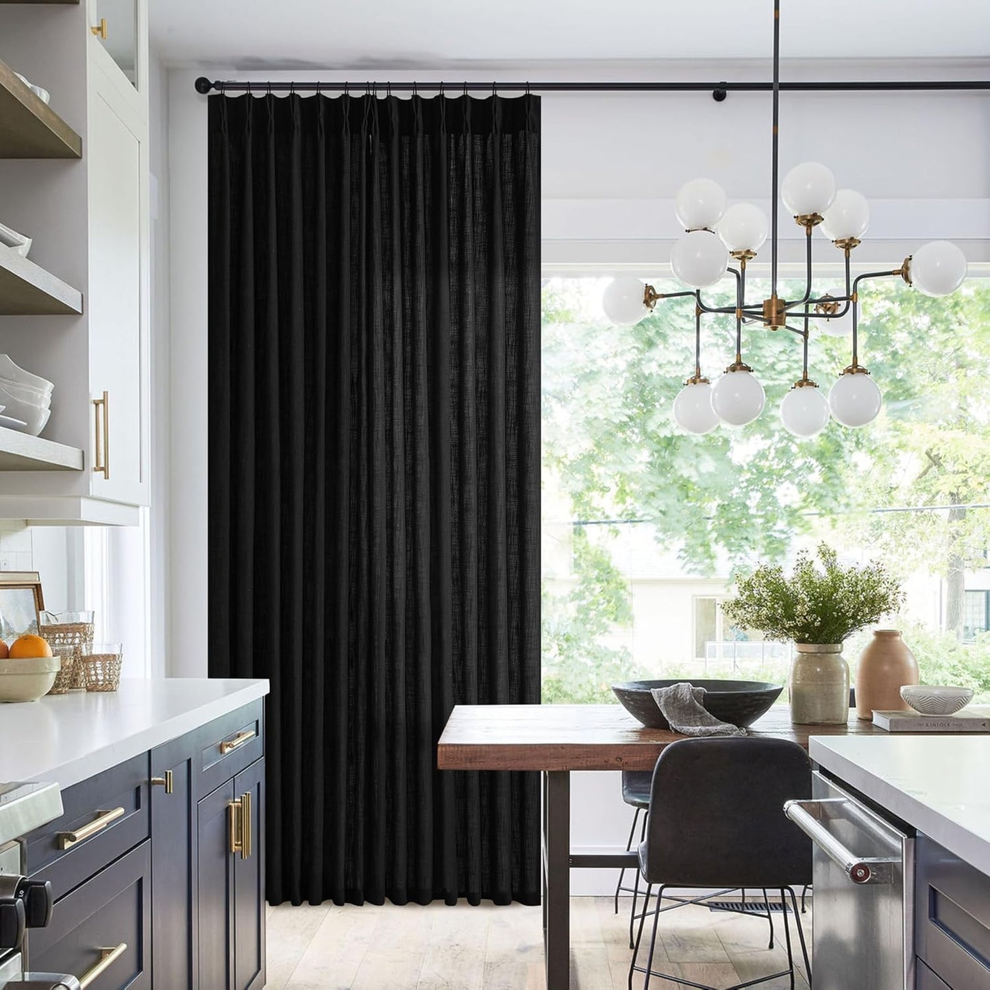 Black Pinch Pleated Linen 108 Inch Curtains 70 Inch Width for Living Room Divider Light Filtering Semi Sheer Extra Wide Patio Curtains Modern Neutral Sliding Door Floor Ceiling Window 70x108 1 Panel