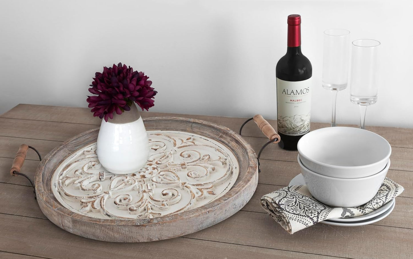 Kate and Laurel Hillrose Round Wooden Tray, 18 inch Diameter, Rustic Brown and White, Decorative Tray for Serving, Display, and Storage