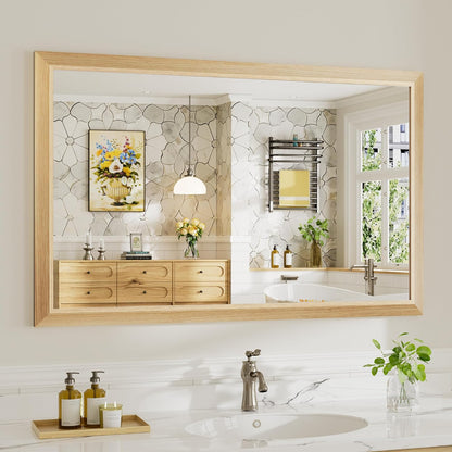 48x30 Inch Bathroom Mirror for Wall, Anti-Rust Oak Wood Grain Metal Framed Bathroom Mirrors for Over Sink,Rectangler Mirrors for Bathroom Vanity, Farmhouse, Bedroom, Living Room, Entryway Decor