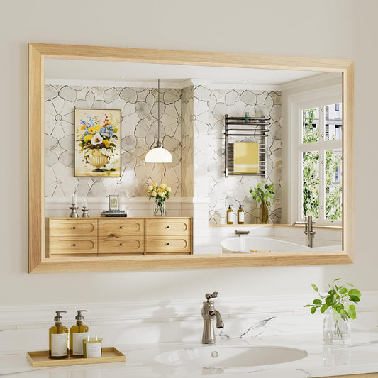 48x30 Inch Bathroom Mirror for Wall, Anti-Rust Oak Wood Grain Metal Framed Bathroom Mirrors for Over Sink,Rectangler Mirrors for Bathroom Vanity, Farmhouse, Bedroom, Living Room, Entryway Decor