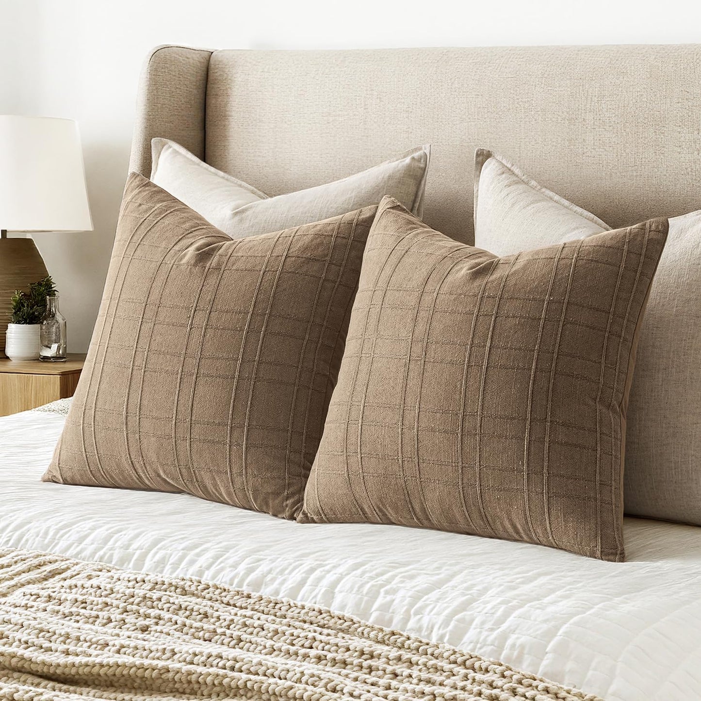 MIULEE Decorative Linen Check Throw Pillow Covers Neutral Farmhouse Vintage Pillow Covers 16x16 Set of 2 Boho Modern Winter Home Decor for Sofa Couch Bedroom Cushion Light Brown