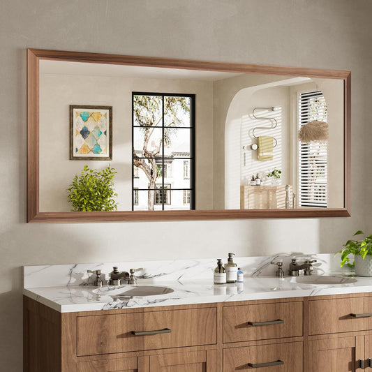 72x32 Inch Bathroom Mirror for Wall, Anti-Rust Walnut Wood Grain Metal Framed Bathroom Mirrors for Over Sink,Rectangler Mirrors for Bathroom Vanity, Farmhouse, Bedroom, Living Room, Entryway Decor