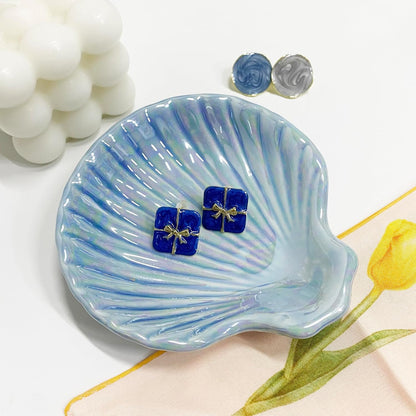 Shell Jewelry Dish Tray for Women, Ceramic Jewelry Tray, Seashell Shape Jewelry Ring Holder Dish, Jewelry Plate Trinket Dish for Necklace, Earring, Ring, Bracelet, 3.9", Sky Blue Iridescent Surface