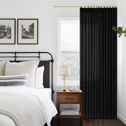 Extra Wide Curtains 90 Inches Long 60 Inch Width for Living Room Bedroom Light Filtering Semi Sheer Farmhouse Pleated Curtain Hooks Rings for Patio Sliding Door Large Window Black 1 Panel W70xL90