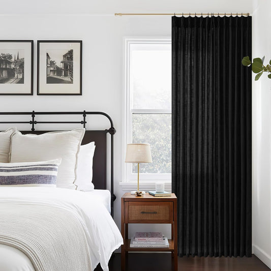 Extra Wide Curtains 90 Inches Long 60 Inch Width for Living Room Bedroom Light Filtering Semi Sheer Farmhouse Pleated Curtain Hooks Rings for Patio Sliding Door Large Window Black 1 Panel W70xL90