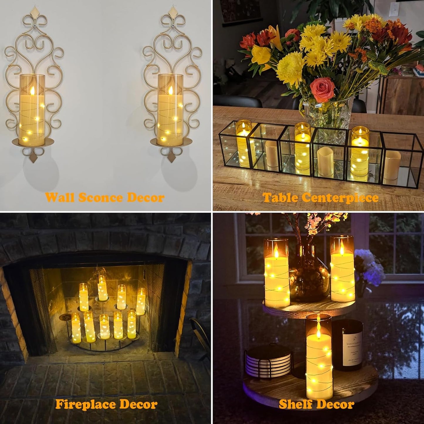 Lezonic 6Pcs Flameless LED Candles with Remote Timer, Acrylic Battery Operated Candles Flickering with Embedded String Lights, for Wedding Centerpiece, 3 x 456688 inches(Gold)