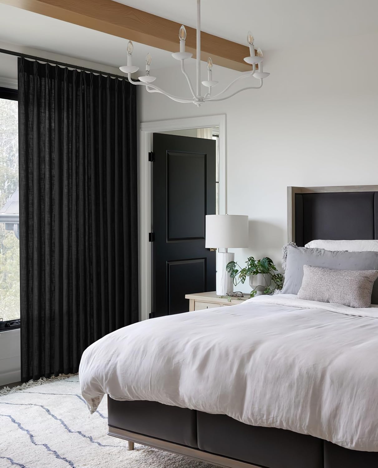 Extra Wide Curtains 90 Inches Long 60 Inch Width for Living Room Bedroom Light Filtering Semi Sheer Farmhouse Pleated Curtain Hooks Rings for Patio Sliding Door Large Window Black 1 Panel W70xL90