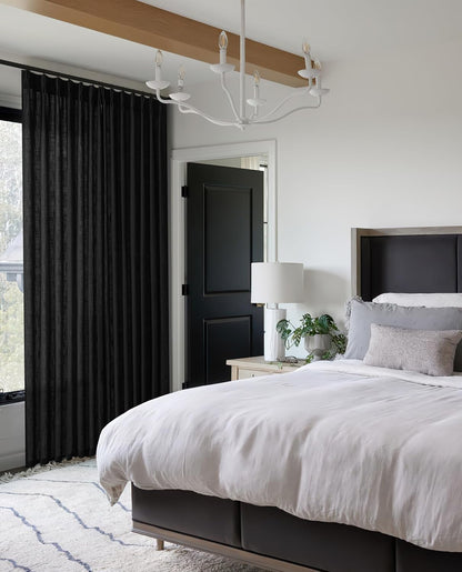 Extra Wide Curtains 90 Inches Long 60 Inch Width for Living Room Bedroom Light Filtering Semi Sheer Farmhouse Pleated Curtain Hooks Rings for Patio Sliding Door Large Window Black 1 Panel W70xL90