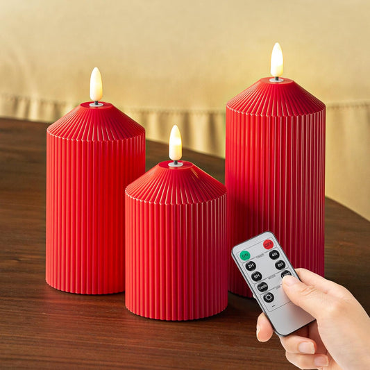 Flameless Candles with Remote, Battery Operated Candles Real Wax LED Fake Pillar Candles with Timer Flickering Flame for Wedding Home Party, Set of 3 Red