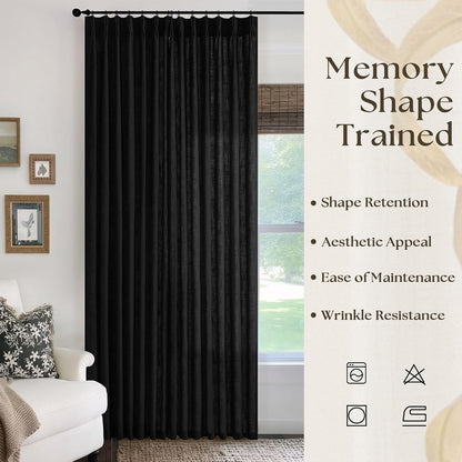 Black Pinch Pleat Linen Curtains 120 Inches Long 70 Inch Wide Neutral Patio Sliding Door Light Filtering Semi Sheer Pleated Drapes Back Tab Extra Wide 70 x 120 Curtain for Living Dining Room 1 Panel