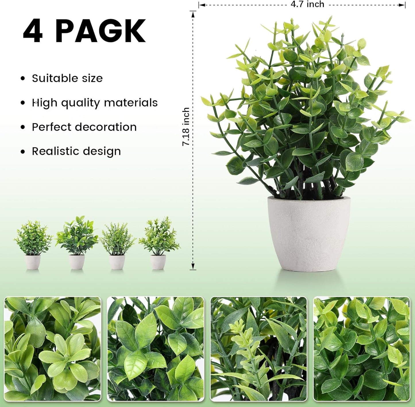 4 Pack Fake Plants Ceramic Mini Artificial Greenery Potted Plants for Home Decor Office Decor Room Decor Farmhouse Decor Indoor Table Bathroom Decor