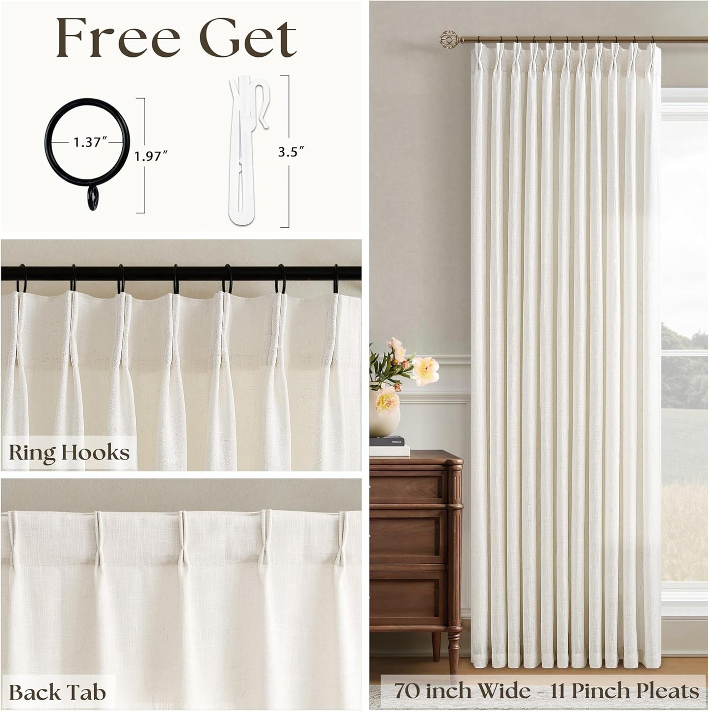 Cream Ivory Pinch Pleated Extra Wide Linen Curtains 84 Inches Long for Patio Sliding Glass Door 70 Inch Wide Pleated Drapes with Hooks Rings Back Tab Semi Sheer 70x84 Curtain for Living Room 1 Panel