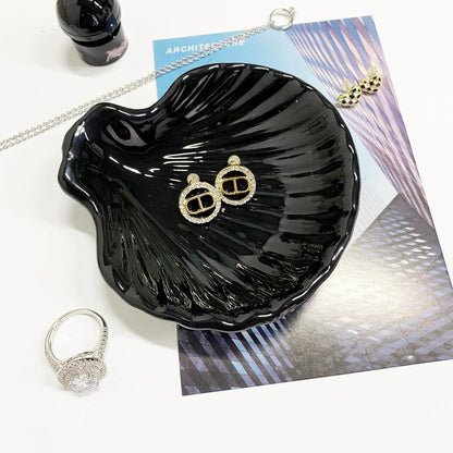 Shell Shape Ring Holder Dish, Seashell Jewelry Dish Tray, Ceramic Trinket Tray for Rings Earrings Necklaces Bracelet, Birthday for Mom Friend Sister, 3.9", Black