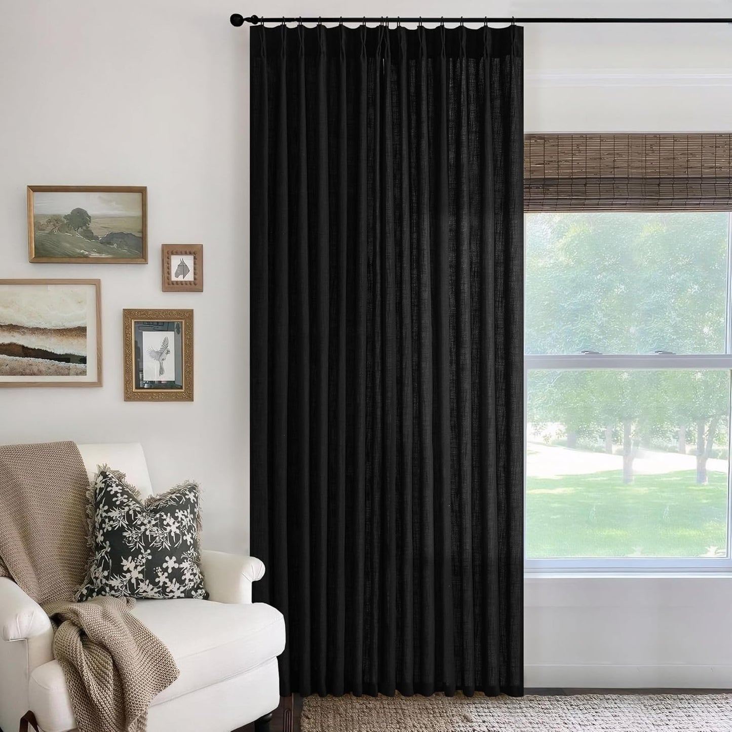 Black Pinch Pleat Linen Curtains 120 Inches Long 70 Inch Wide Neutral Patio Sliding Door Light Filtering Semi Sheer Pleated Drapes Back Tab Extra Wide 70 x 120 Curtain for Living Dining Room 1 Panel