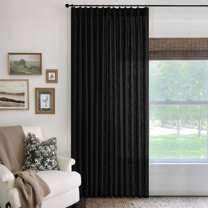 Black Pinch Pleat Linen Curtains 120 Inches Long 70 Inch Wide Neutral Patio Sliding Door Light Filtering Semi Sheer Pleated Drapes Back Tab Extra Wide 70 x 120 Curtain for Living Dining Room 1 Panel