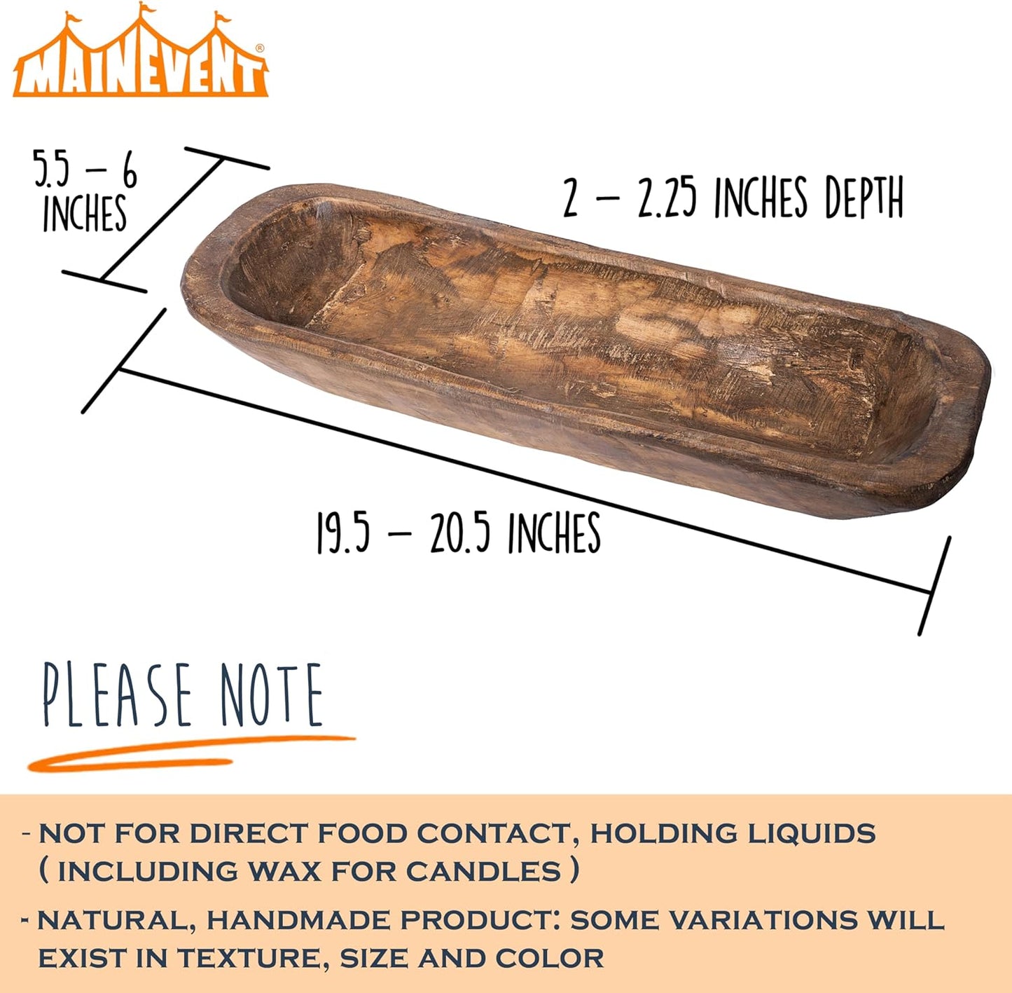 MAINEVENT Decorative Wooden Dough Bowl Decor Approx 20 Inch, Centerpiece Long Wood Dough Bowl, Made in USA