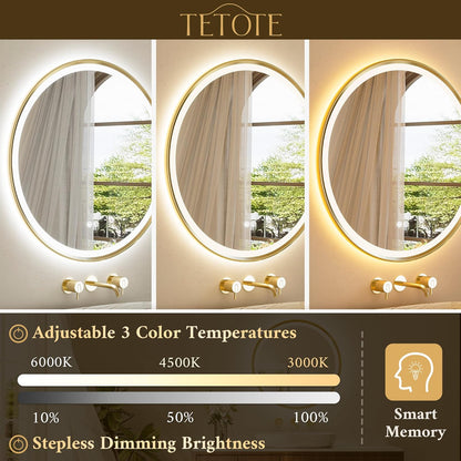 TETOTE Gold Round Led Mirror with Lights 30 Inch Metal Framed Round Circle Lighted Bathroom Vanity Mirror Wall Mounted, Front and Backlit 3 Color Stepless Dimmable Anti Fog, Shatterproof, CRI 90+