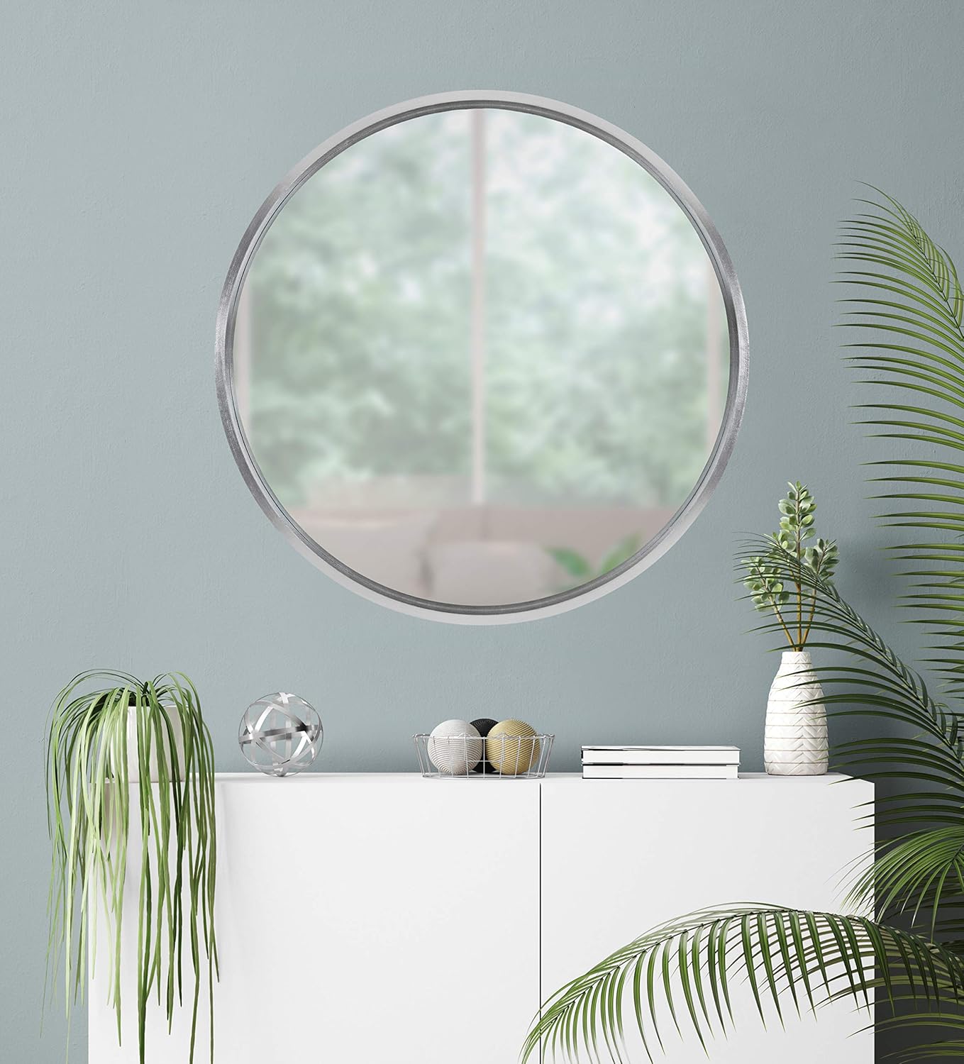 Kate and Laurel Travis Round Wood Wall Mirror, 31.5" Diameter, Silver, Chic Glam Wall Décor Accent