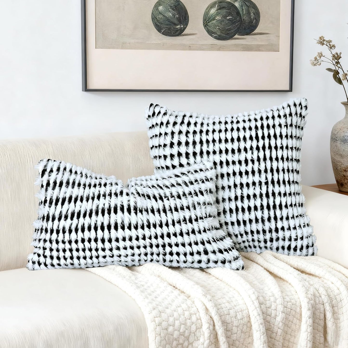 Boho Chenille Tufted Pillow Cover 12x20 Inch Set of 1, Farmhouse Striped Decorative Pillow Covers Accent Fluffy Neutral Lumbar Pillowcases for Couch Sofa Bedroom Living Room, Black White