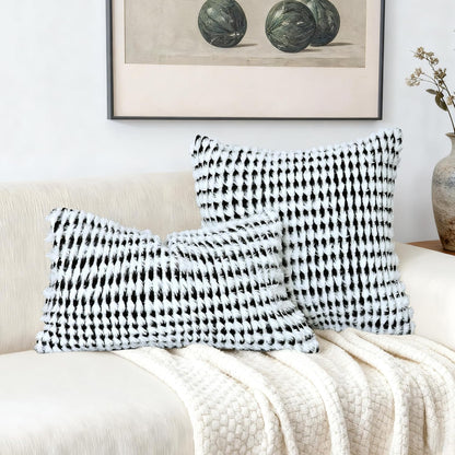 Boho Chenille Tufted Pillow Cover 12x20 Inch Set of 1, Farmhouse Striped Decorative Pillow Covers Accent Fluffy Neutral Lumbar Pillowcases for Couch Sofa Bedroom Living Room, Black White