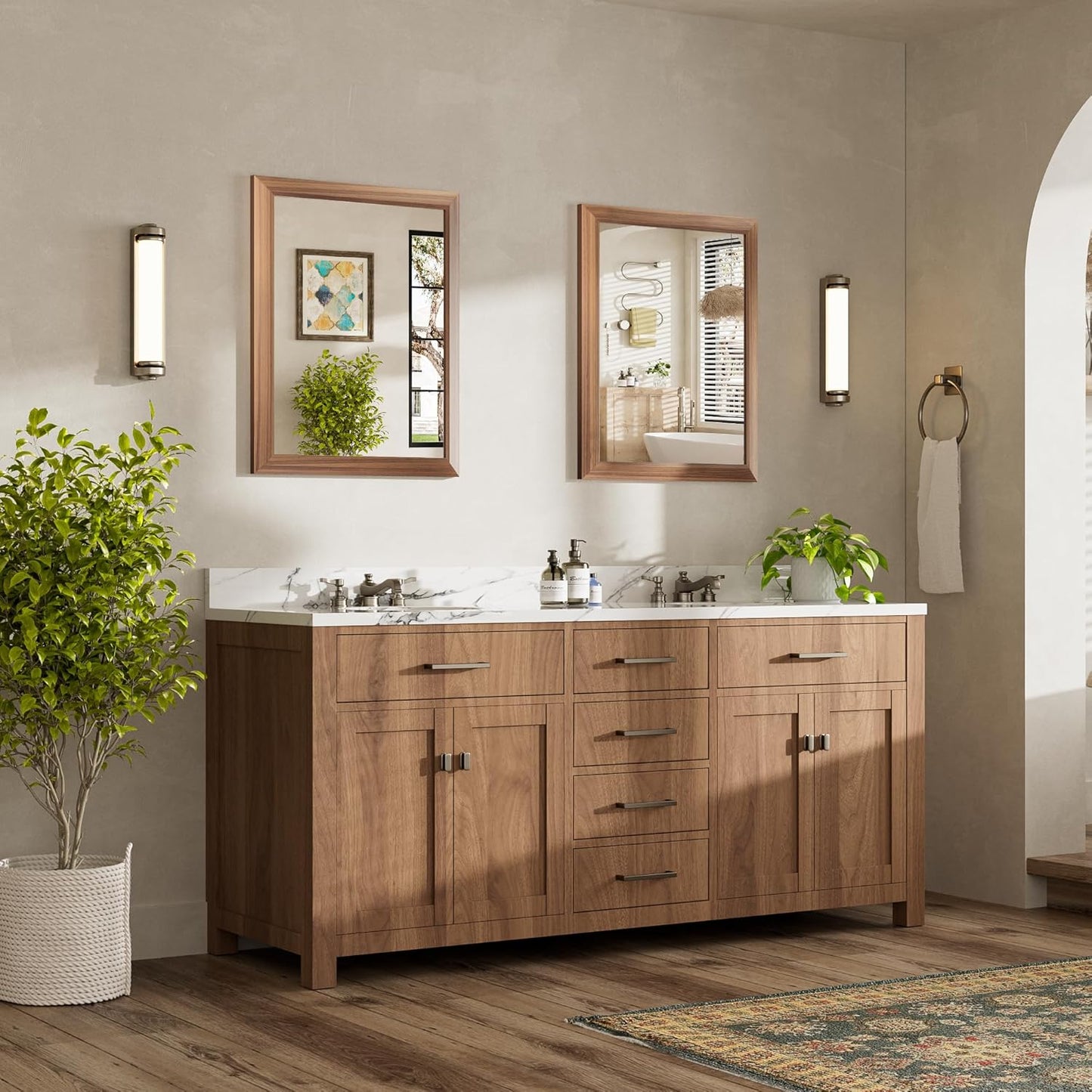 24x30 Inch Bathroom Mirror for Wall, Anti-Rust Walnut Wood Grain Metal Framed Bathroom Mirrors for Over Sink,Rectangler Mirrors for Bathroom Vanity, Farmhouse, Bedroom, Living Room, Entryway Decor