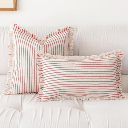Throw Pillow Covers 18x18 Set of 2 Striped Fringe Pillow Cover Farmhouse Cushion Covers with Tassel Neutral Boho Pillows Decorative Square Pillowcase for Couch Sofa Bed, Red