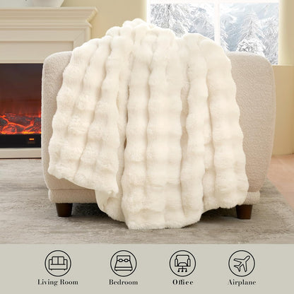 Amélie Home Faux Fur Throw Blanket for Bed, Ultra Soft Fuzzy Plush Bubble Blanket for Bedroom & Bed Decor, 108"x90", Cream White