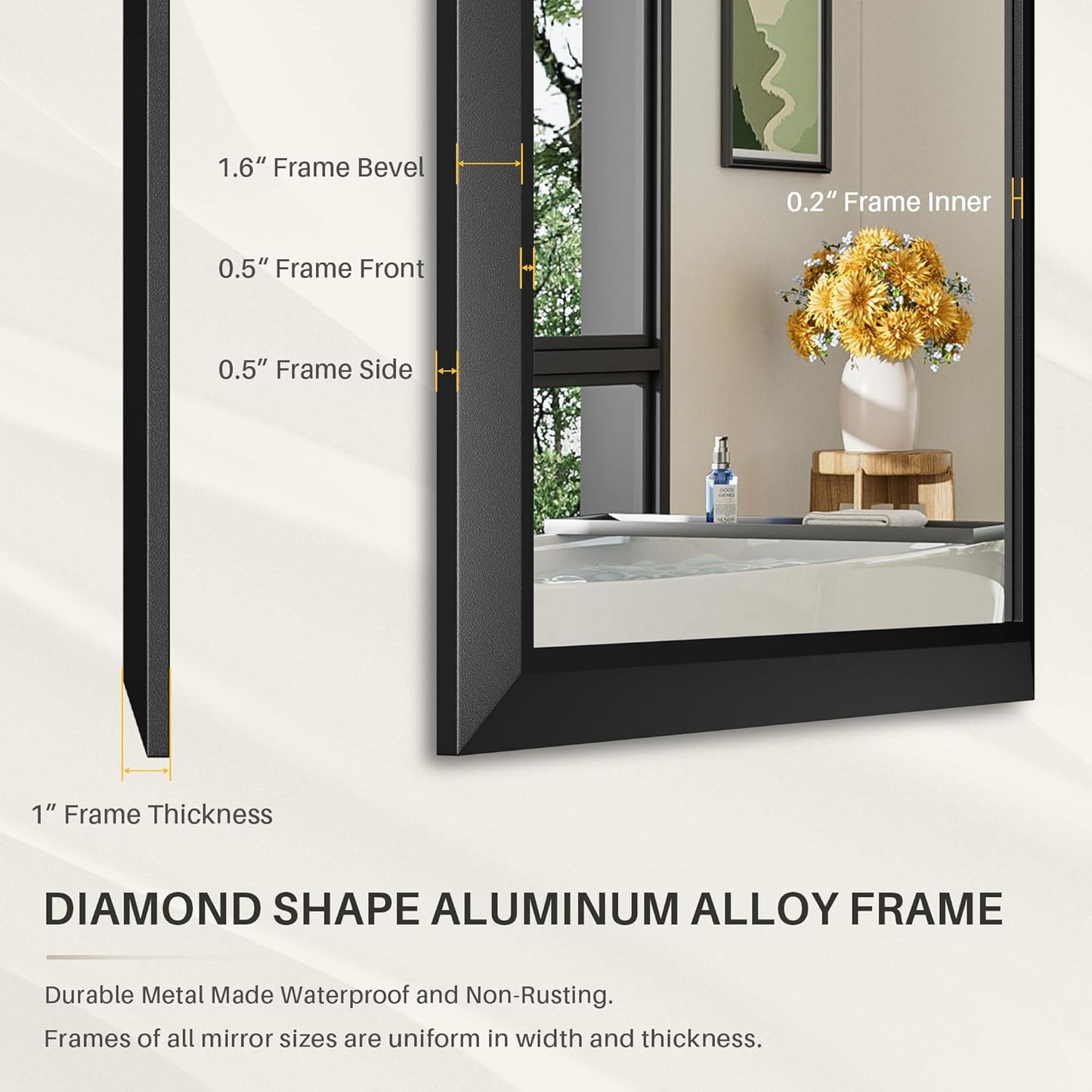 48x36 Inch Black Bathroom Mirror for Wall, Thick Metal Framed Rectangle Mirrors for Over Sink, Bedroom, Living Room, Entryway, Anti-Rust, HD Tempered Glass