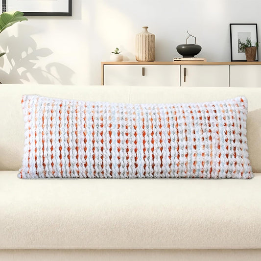 Boho Chenille Tufted Pillow Cover 14x36 Inch Set of 1, Farmhouse Striped Decorative Pillow Covers Accent Fluffy Neutral Long Body Bolster Pillow for Couch Sofa Bedroom Living Room, Orange