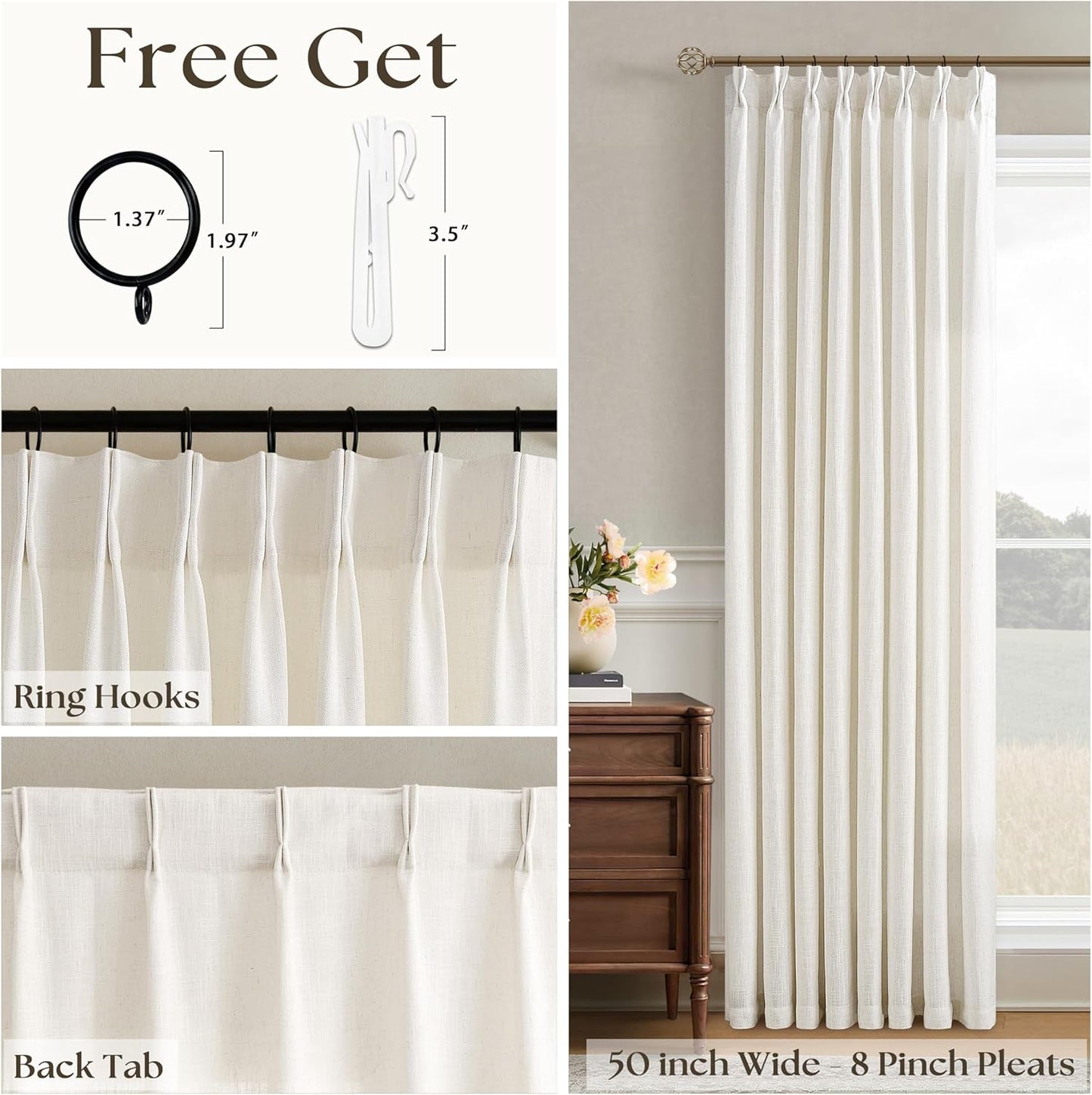 Pinch Pleated Linen Curtains 90 Inches Long for Living Room Cream Ivory Light Filtering Pinch Pleat Hooks Rings Back Tab Neutral Boho Farmhouse 90 Inch Curtain Drapes for Bedroom Window 1 Panel
