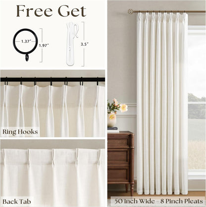 Pinch Pleated Linen Curtains 90 Inches Long for Living Room Cream Ivory Light Filtering Pinch Pleat Hooks Rings Back Tab Neutral Boho Farmhouse 90 Inch Curtain Drapes for Bedroom Window 1 Panel