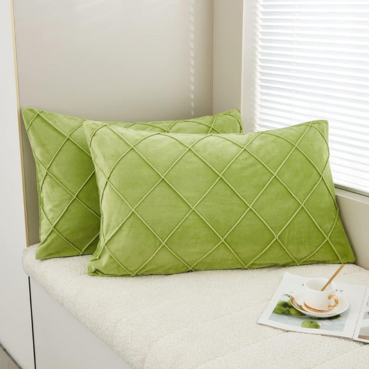 JAUXIO Diamond Pinch Pleated Crystal Velvet Pillowcases 2 Pack Solid Pintuck Throw Cushion Cover for Home Decor Hidden Zipper Closure (Apple Green, King)