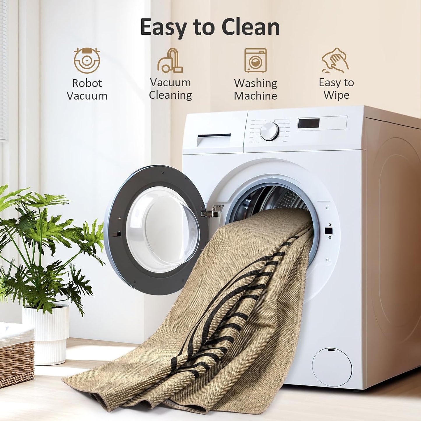 Easy Jute Rug 2x3, Small Area Rug for Entryway, 2x3 Washable Entryway Rug Indoor Outdoor Front Door Mat, Farmhouse Rainbow Non Slip Black Carpet for Kitchen Bathroom, Light Brown/Black