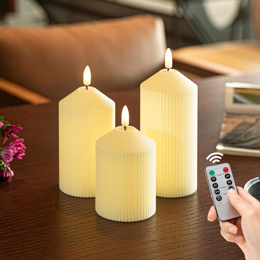 Flameless Candles with Remote, 3 Pack Battery Operated Candles Real Wax LED Fake Pillar Candles with Timer Flickering Battery Candle for Wedding Home Party, Ivory