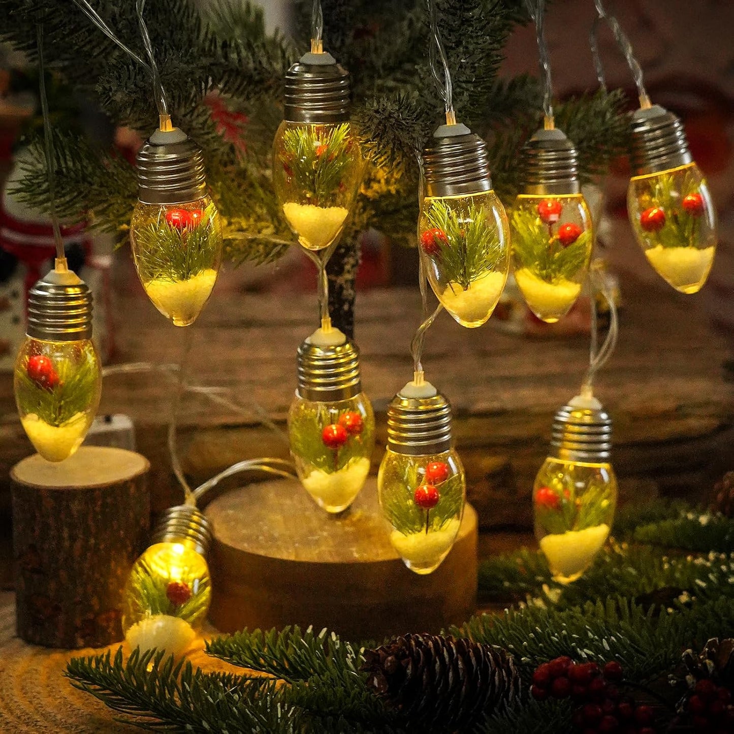 Christmas Lights Indoor, 10 LED Clear Bulbs Christmas Tree Snow Globe String Lights with Berry & Pine Needles for Bedroom, Wedding, Table Decoration, Outdoor Garden Party, Home Party Decorate(6.6FT )