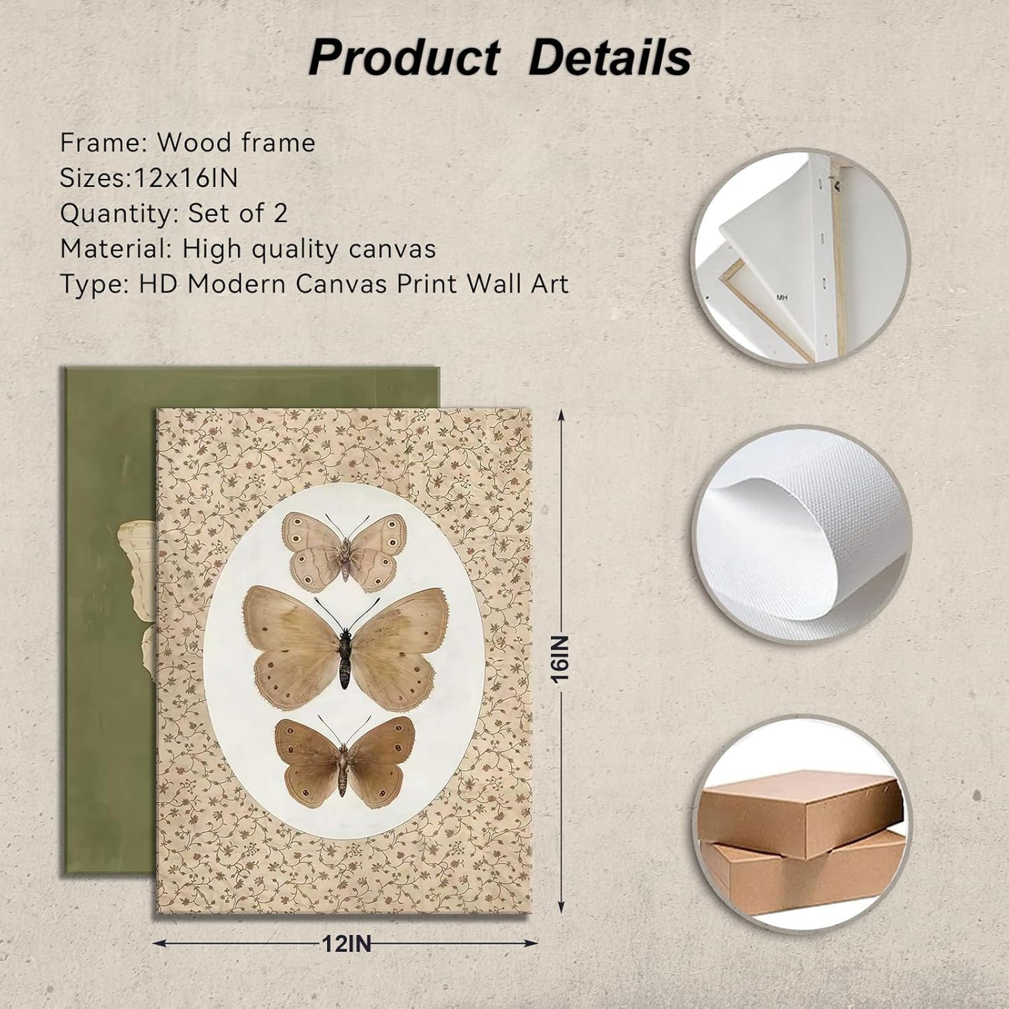 Framed Butterfly Wall Art 2Pcs,Vintage Classic Prints, Nature Butterfly Canvas Painting,Rustic Beige and Dark Moody Green Poster Boho Wall Decor for Living Room, Bedroom,Gallery Home Decor 12x16IN