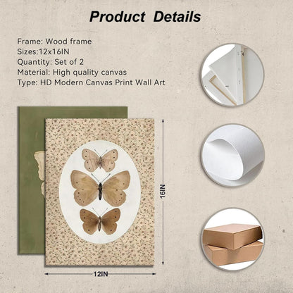 Framed Butterfly Wall Art 2Pcs,Vintage Classic Prints, Nature Butterfly Canvas Painting,Rustic Beige and Dark Moody Green Poster Boho Wall Decor for Living Room, Bedroom,Gallery Home Decor 12x16IN