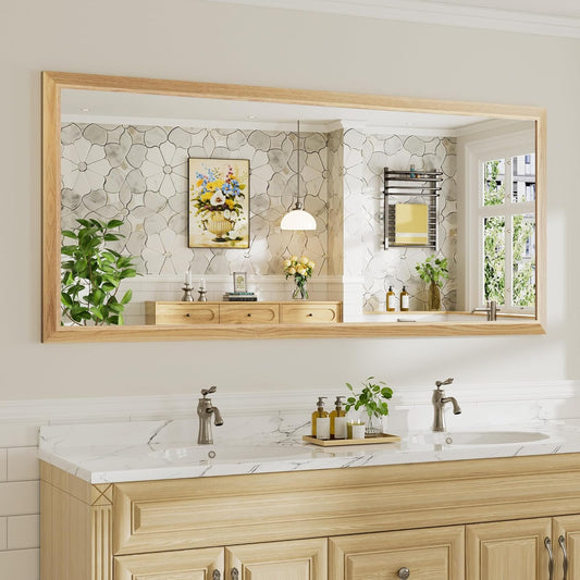 72x32 Inch Bathroom Mirror for Wall, Anti-Rust Oak Wood Grain Metal Framed Bathroom Mirrors for Over Sink,Rectangler Mirrors for Bathroom Vanity, Farmhouse, Bedroom, Living Room, Entryway Decor