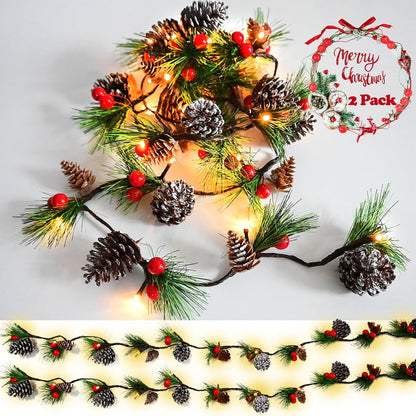 Christmas Garland Lights 2 Pack Holiday Prelit Garlands 13FT 40LED Pine Cone Garland Light with Red Berry Upgraded Battery Operated Garland with Lights Xmas Decor Lights for Outdoor Indoor Christmas