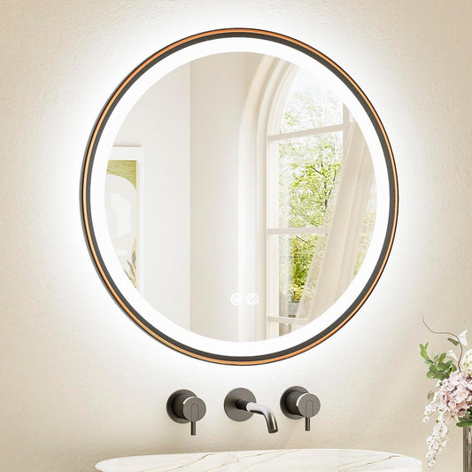 TETOTE Round Led Oil Rubbed Bronze Bathroom Mirror 24 Inch Circle Round Lighted Vanity Mirror with Lights for Bathroom Wall, 3 Color Stepless Dimmable, Anti Fog, Shatterproof, CRI 90+