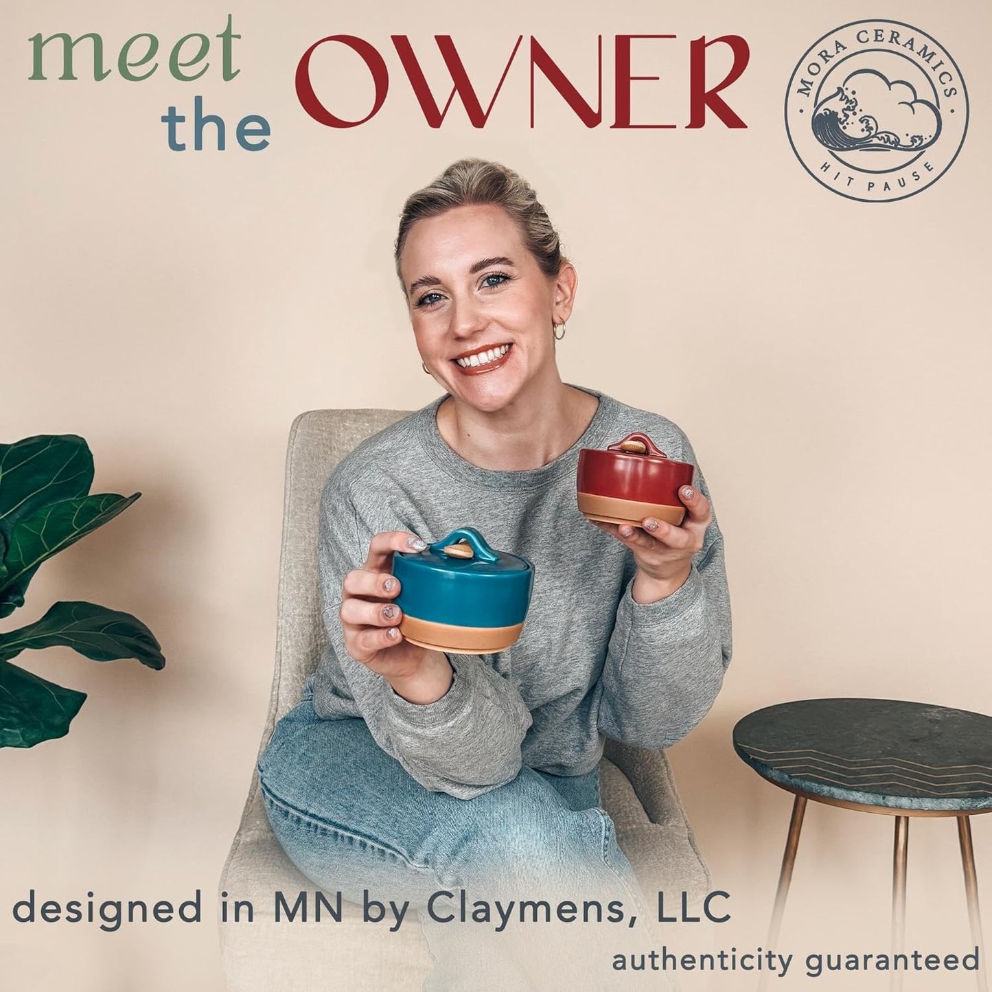 Mora Ceramic Salt and Pepper Cellar Set with Lid - 10 oz Modern Canister/Container/Bowl for Storage, Sea Salt, Spice, Sugar, Countertop - Small Dish/Jar with Wood Spoon, Azure Blue & Crimson Red Crock