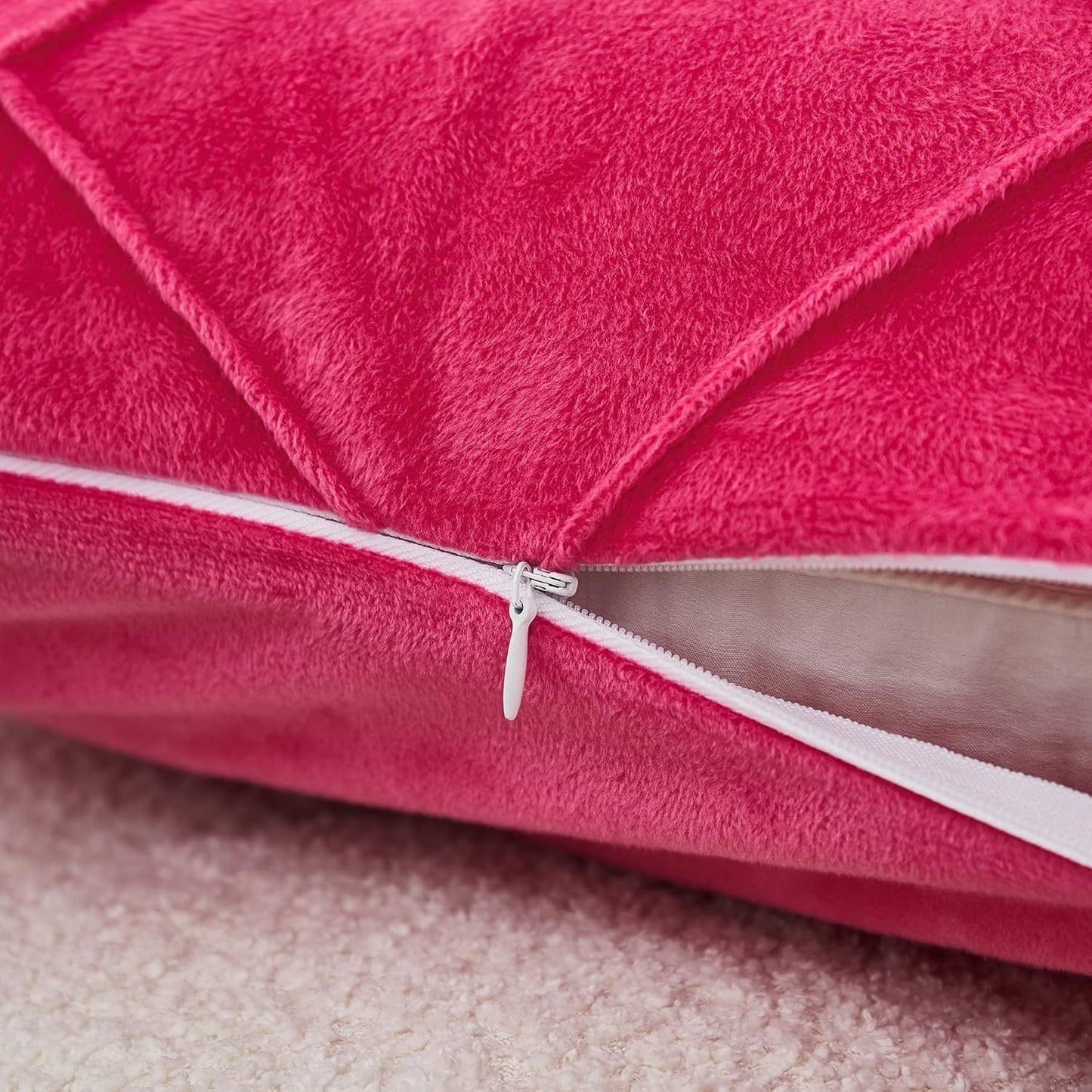 JAUXIO Diamond Pinch Pleated Crystal Velvet Pillowcases 2 Pack Solid Pintuck Throw Cushion Cover for Home Decor Hidden Zipper Closure (Hot Pink, King)