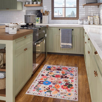 Area Rugs 24x17 Inch Home Decor Entry Rug, Small Door Mat Bath Mats for Bathroom, Ultra-Thin Non Slip Floral Low Pile Tub Mat for Sink Shower Doorway Tub Kitchen Sink(2 x 1.4 ft, Beige/Pink Garden)