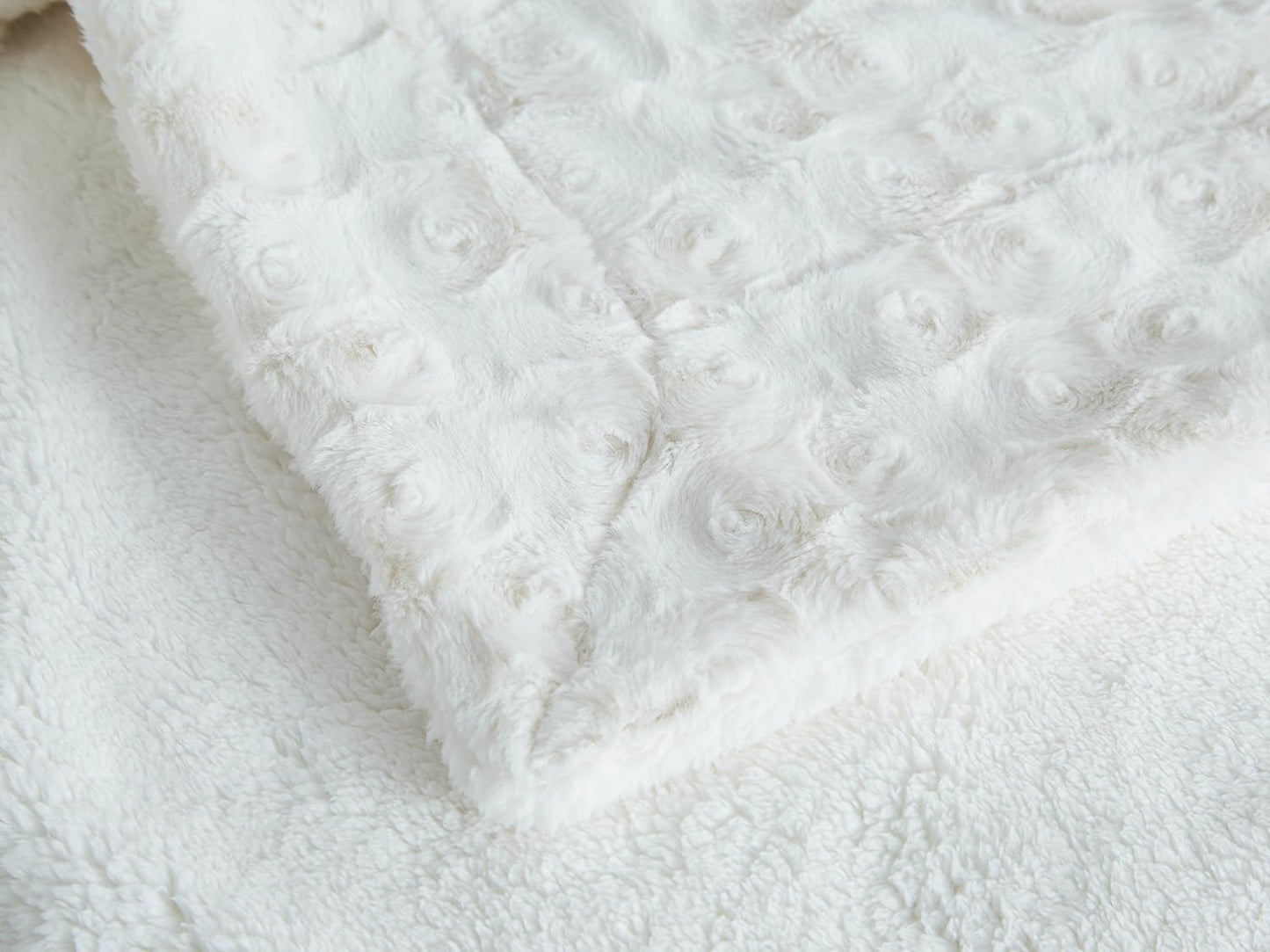 DaDa Bedding Luxury White Roses Fluffy and Cuddly Faux Fur with Sherpa Backside Fleece Cloud Throw Blanket - Super Soft Warm Plush Luxe Solid Toss for Sofa, Couch or Queen Bed, 90" x 90"