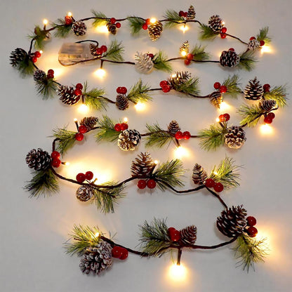 2025 Upgraded Christmas Garland Lights 9.84FT Holiday Prelit Garlands Pine Cone with Red Berry Battery Operated with Timer Garland Wreath Xmas Decor Lights for Outdoor Indoor Christmas Home Decoration