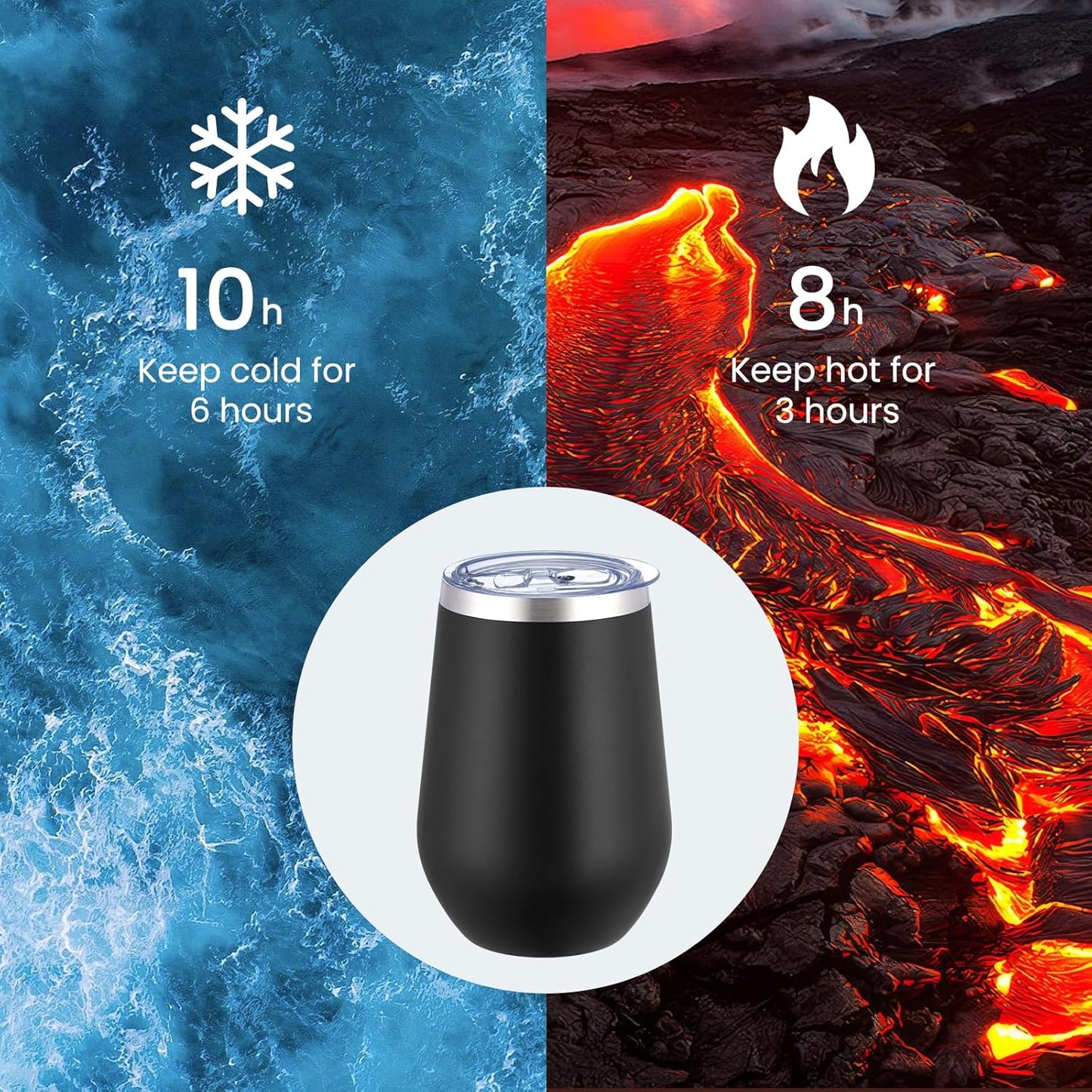 MEWAY 12oz/12 Pack Wine Tumbler Glasses with Lid - Stemless Double Wall Vacuum Stainless Steel Tumblers Keeping Cold & Hot for Wine - Family and Gifts, Ideal for Travel and Office(Black,Set of 12)