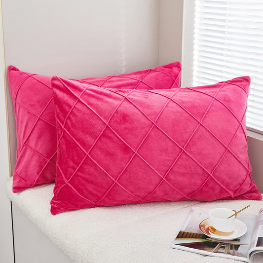 JAUXIO Diamond Pinch Pleated Crystal Velvet Pillowcases 2 Pack Solid Pintuck Throw Cushion Cover for Home Decor Hidden Zipper Closure (Hot Pink, Standard)