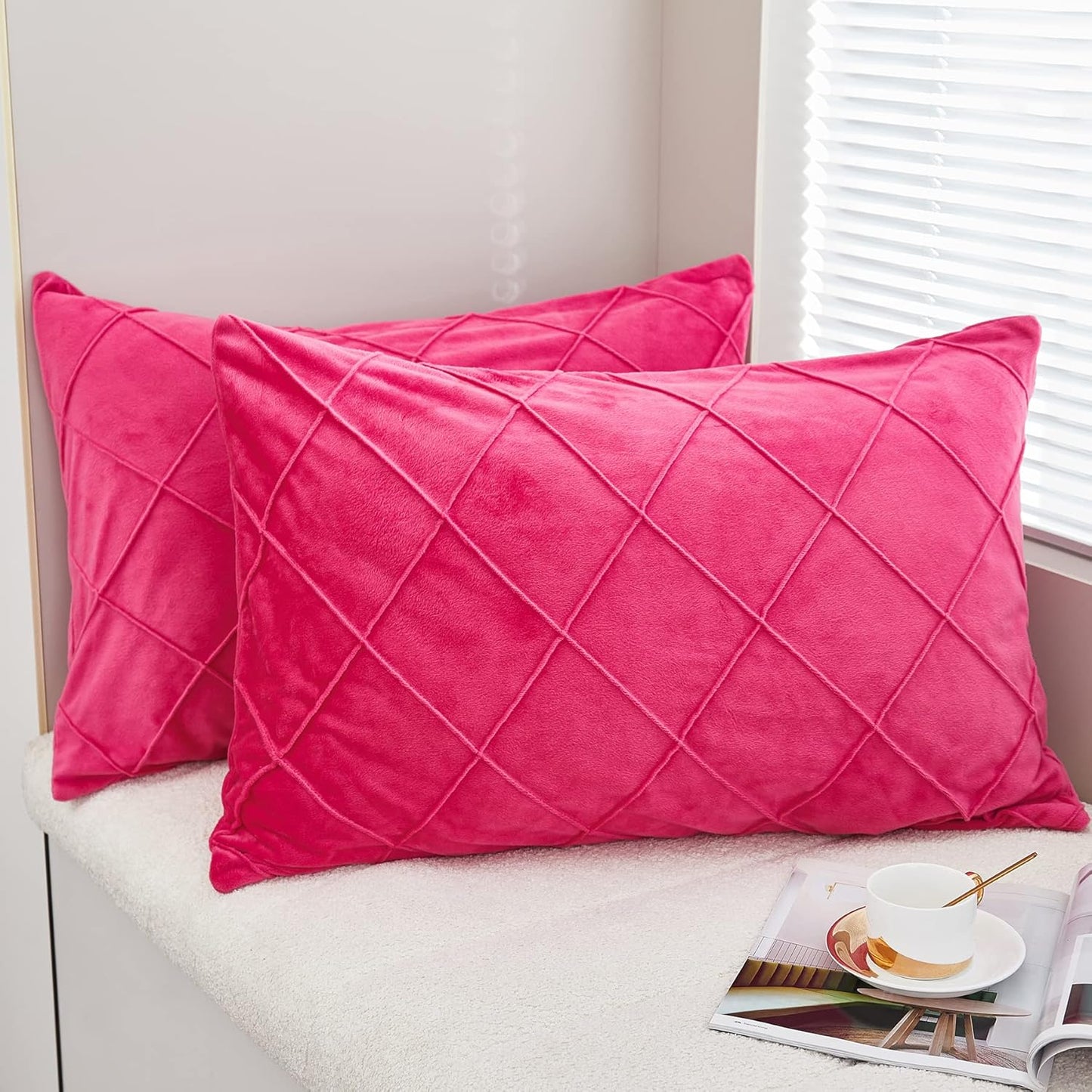 JAUXIO Diamond Pinch Pleated Crystal Velvet Pillowcases 2 Pack Solid Pintuck Throw Cushion Cover for Home Decor Hidden Zipper Closure (Hot Pink, King)
